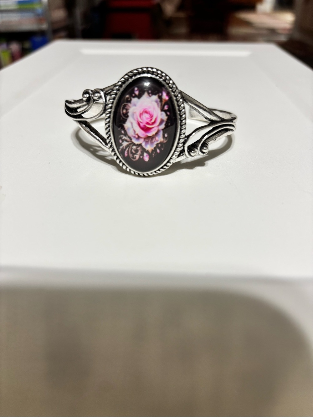Pink Rose Oval Cabochon Silver Bracelet - Women's Jewelry